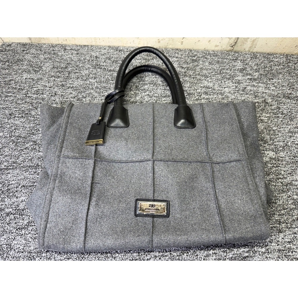 Borsani Firenze Gray Felt Paneled Tote Bag Leather Handles Gold Hardware Large